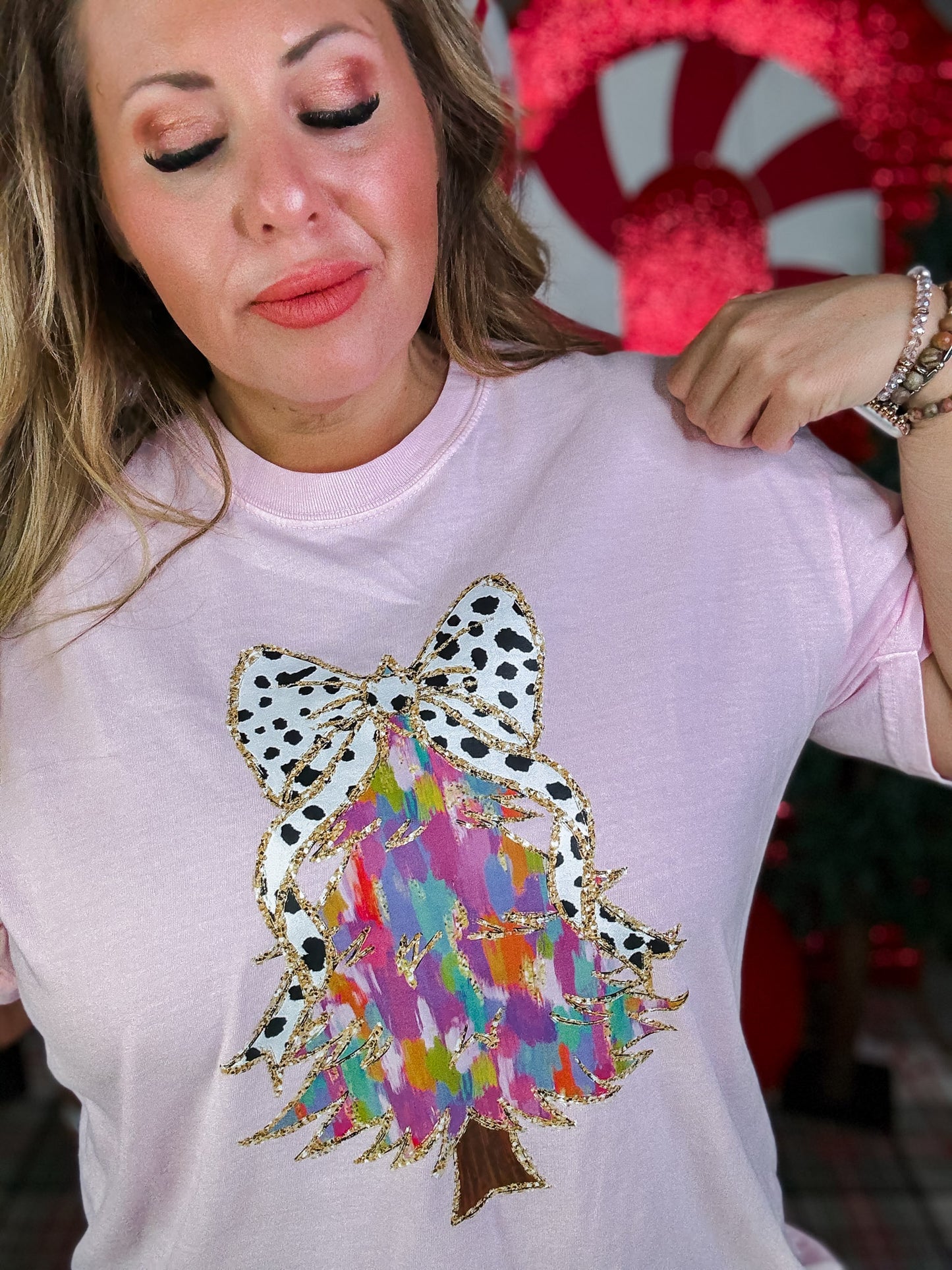 Pink Watercolor Christmas Tree Graphic T-Shirt