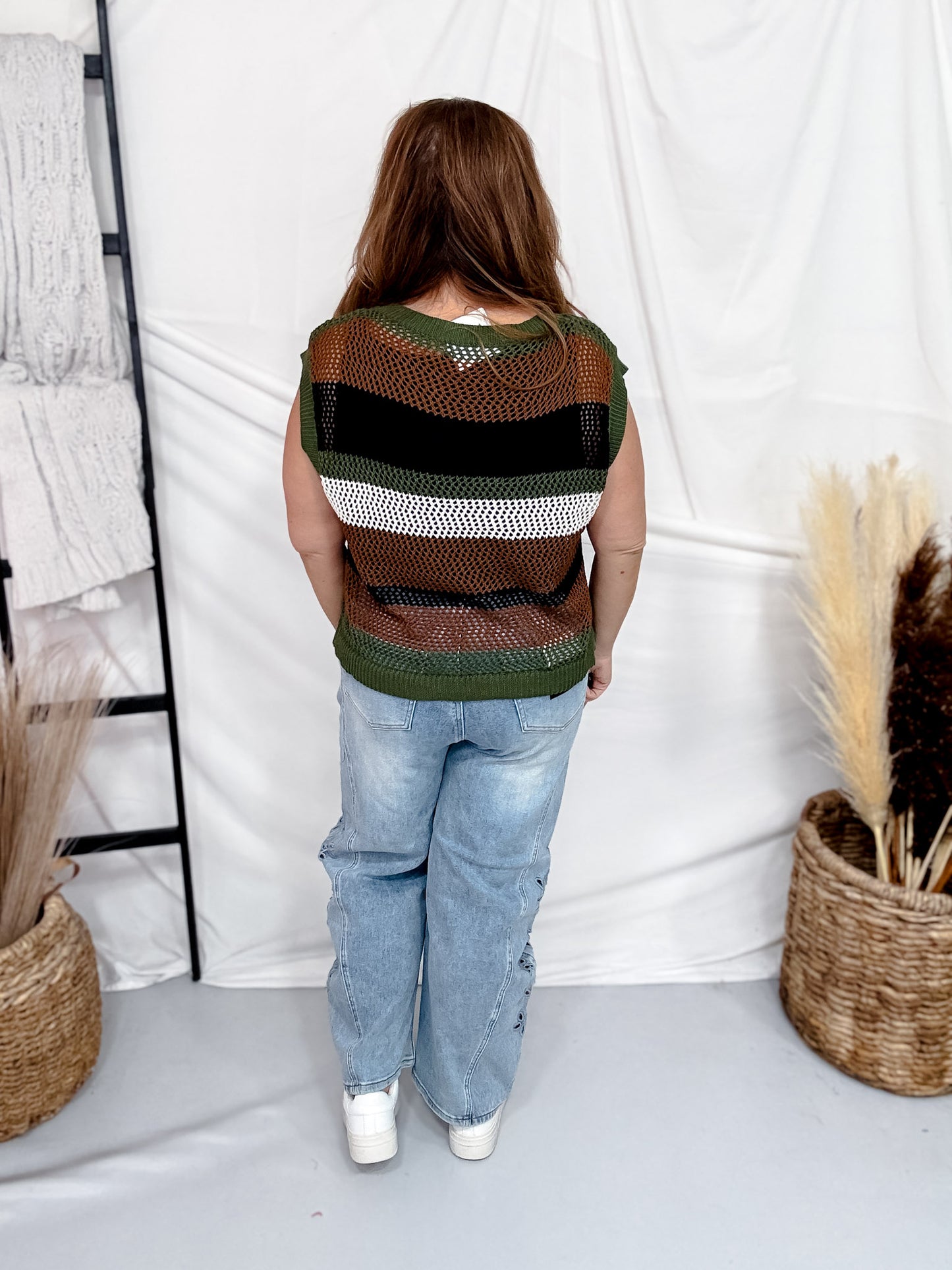 Color Block Cap Sleeve Open Knit Sleeveless Top