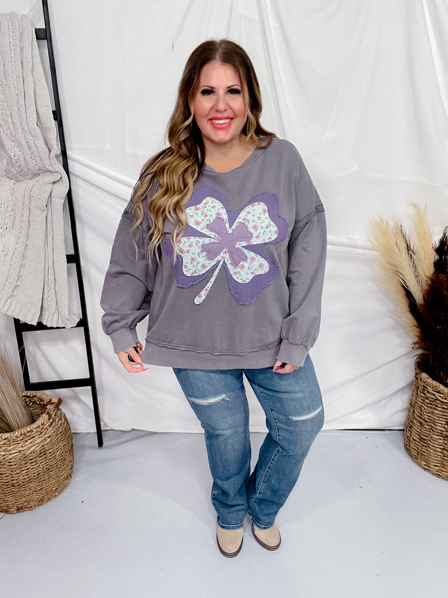 Mixed Fabric Clover Patch Sweatshirt