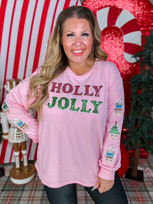 "Holly Jolly" Pink Sweatshirt With Sequin Accents