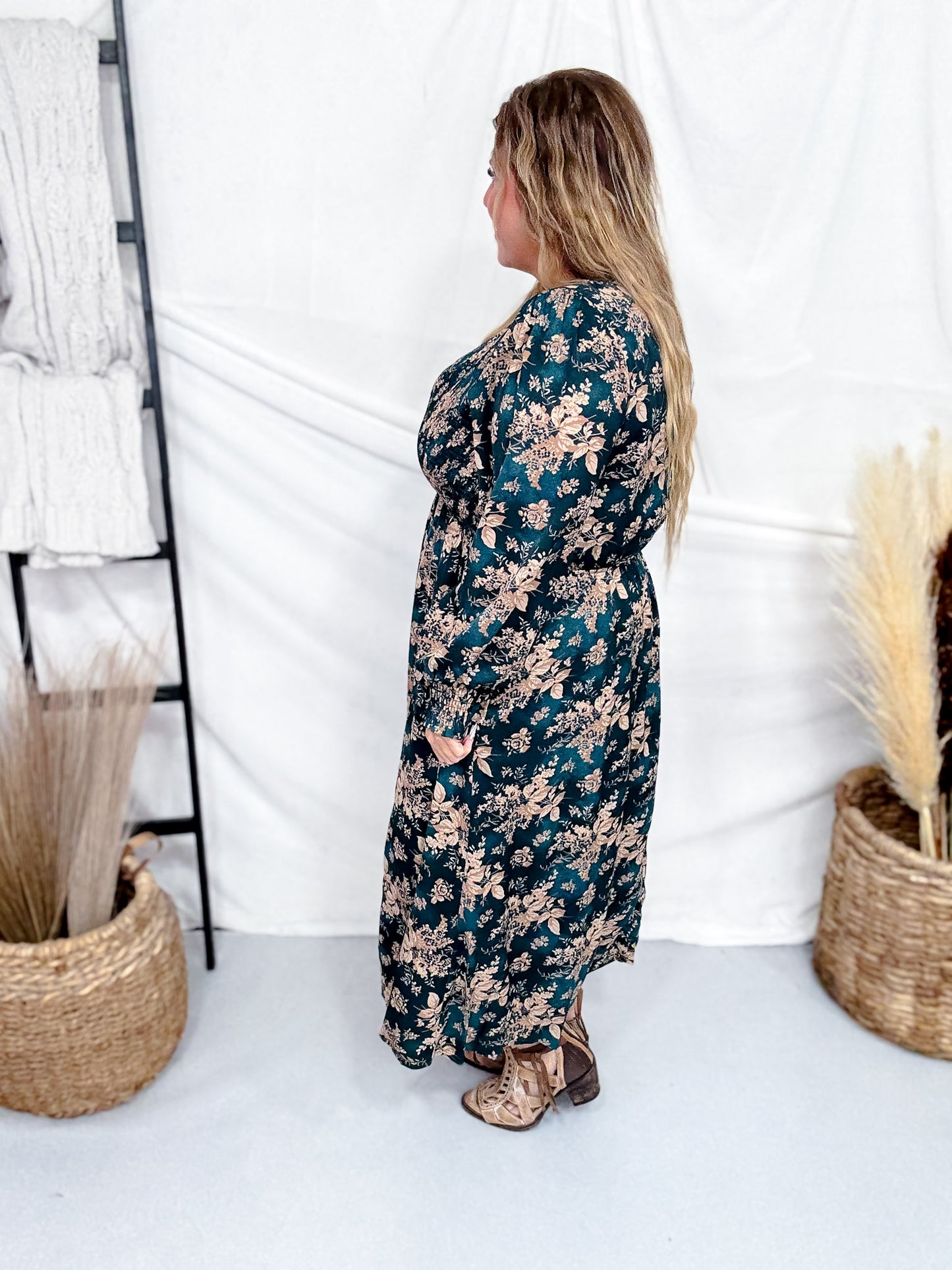 Teal V-Neck Maxi Dress With Antique Floral Pattern