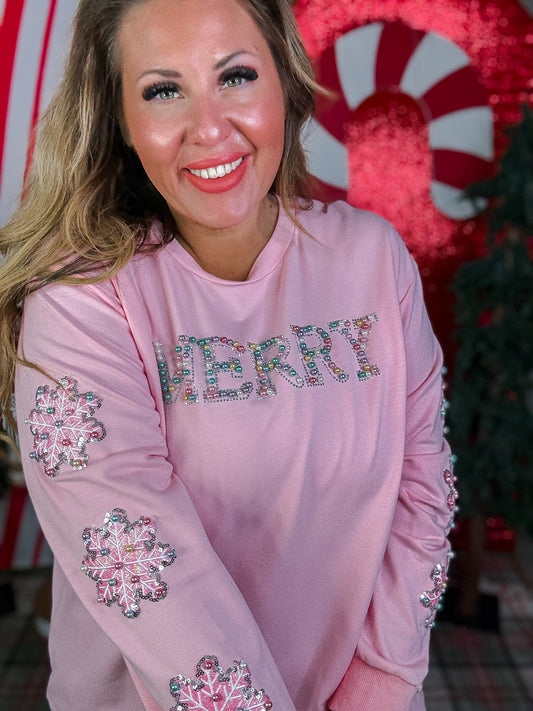 Pink Sweatshirt With "Merry" Pearl Front