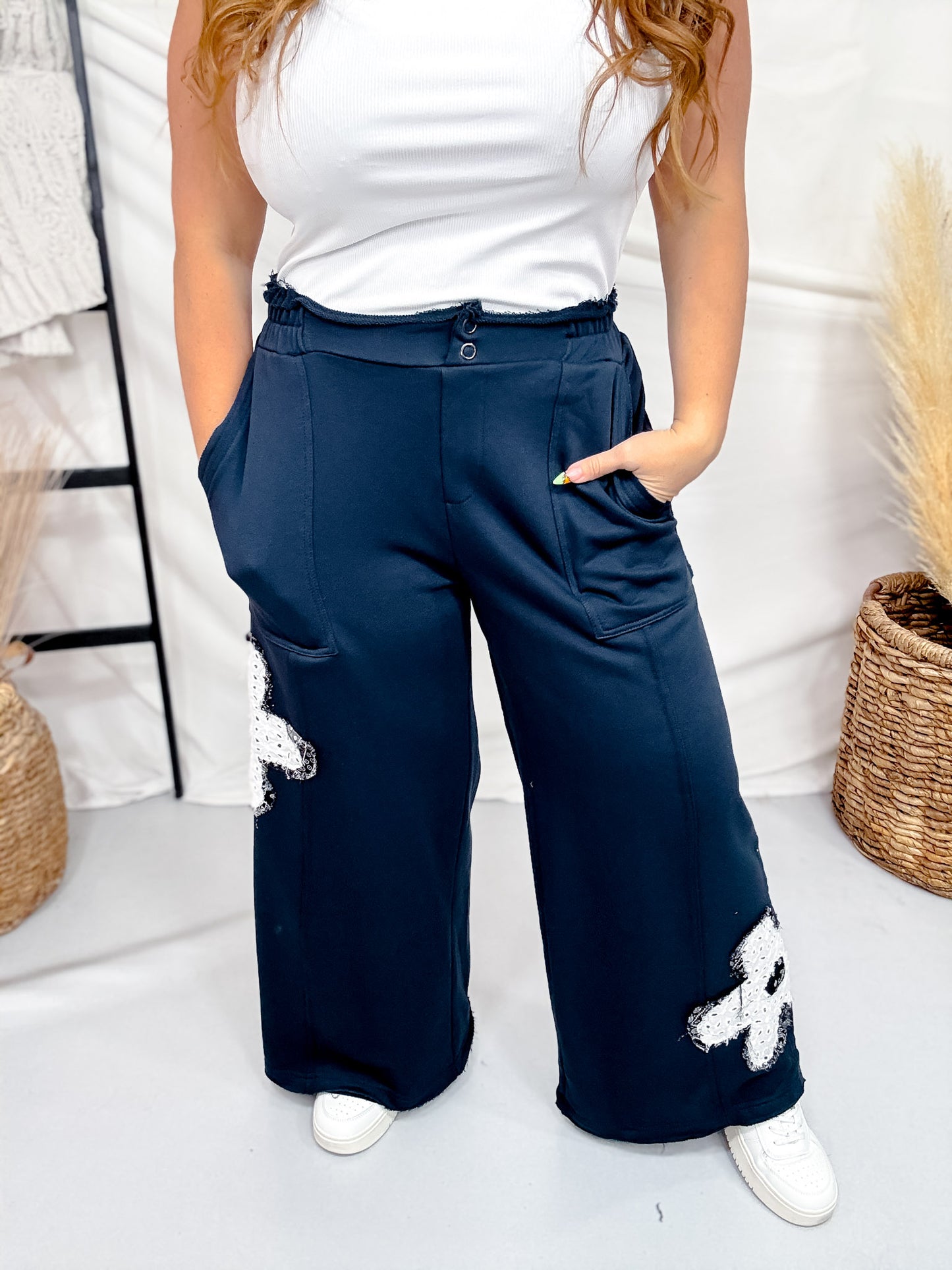 Ink Blue Floral Patchwork French Terry Pants