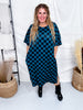 Teal And Black Checkerboard Ribbed Midi Dress
