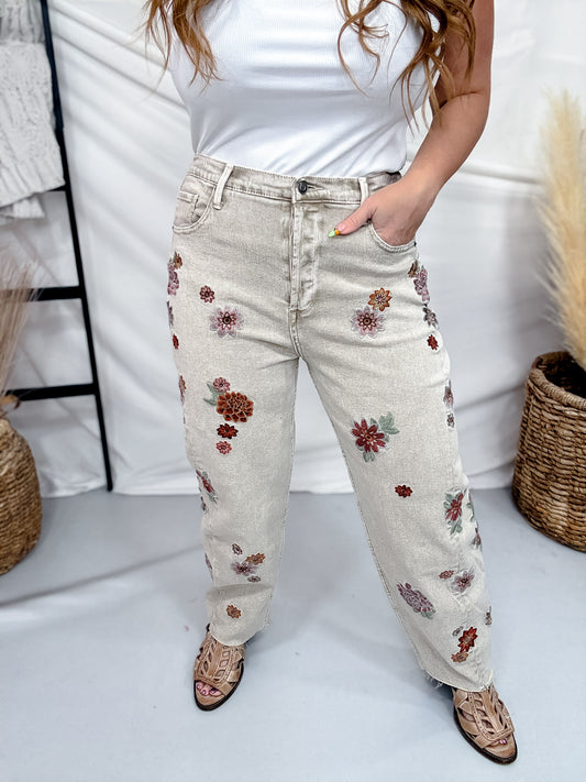 Floral Embroidered Grey Jeans