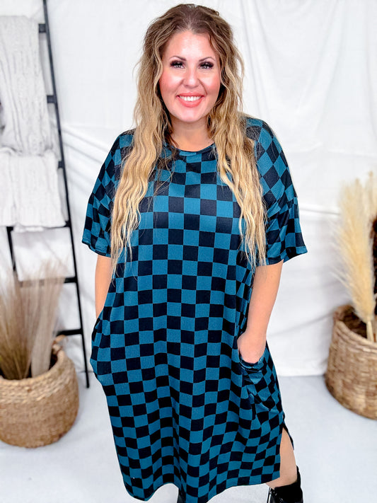 Teal And Black Checkerboard Ribbed Midi Dress