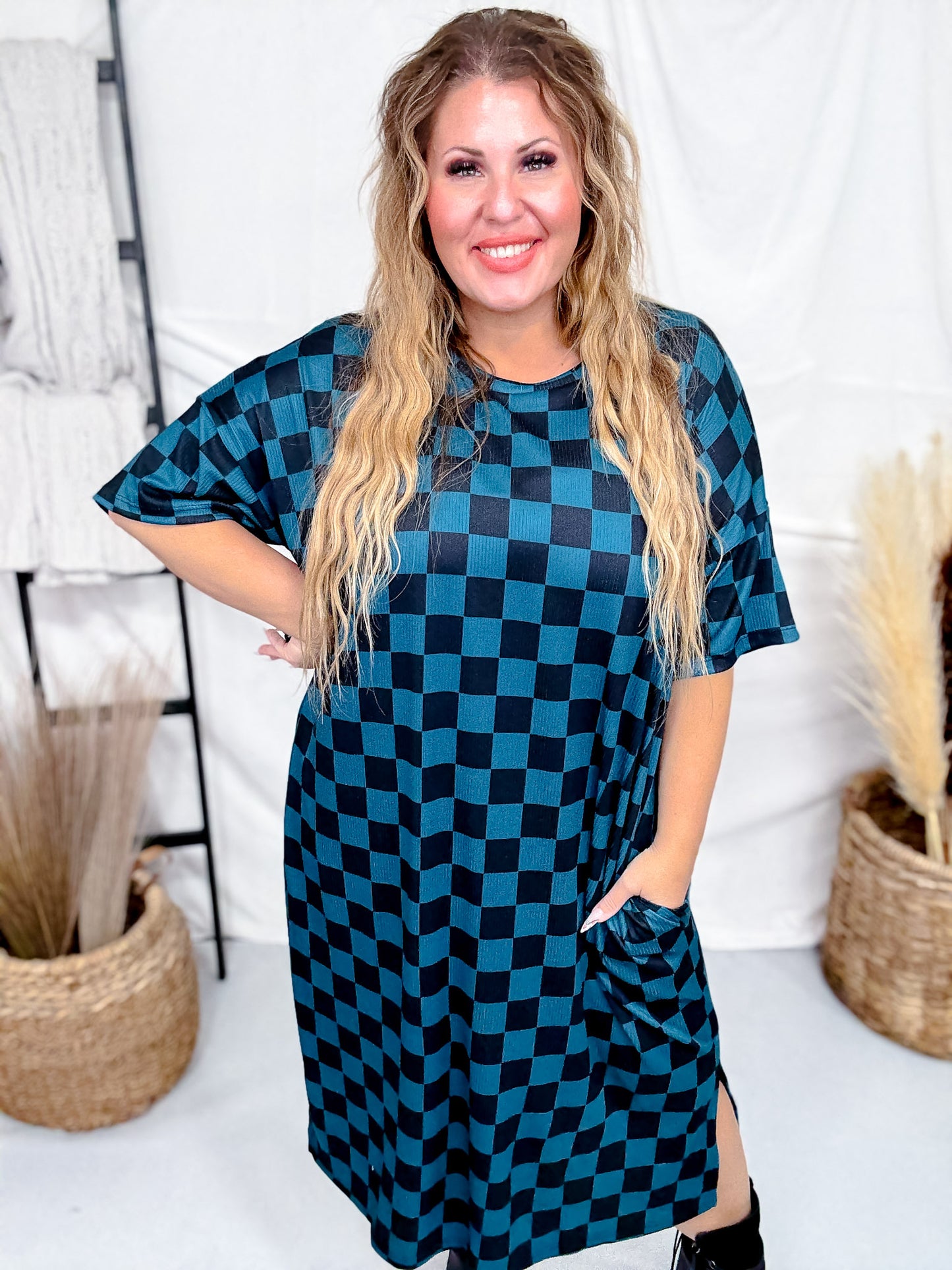 Teal And Black Checkerboard Ribbed Midi Dress