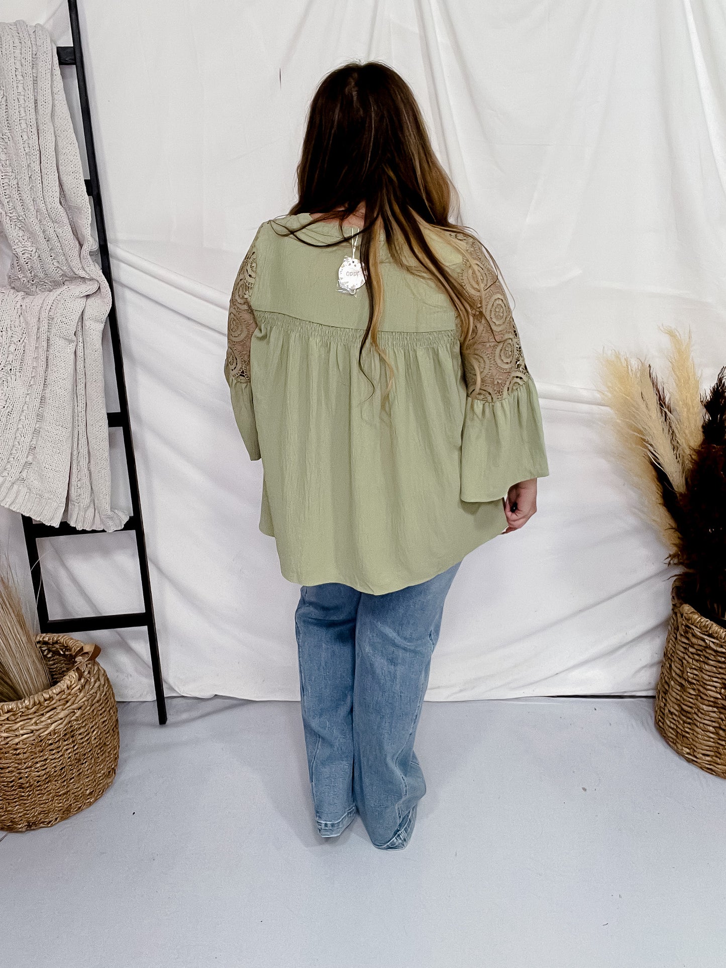 Sage Lace Trimmed Bell Sleeve Blouse