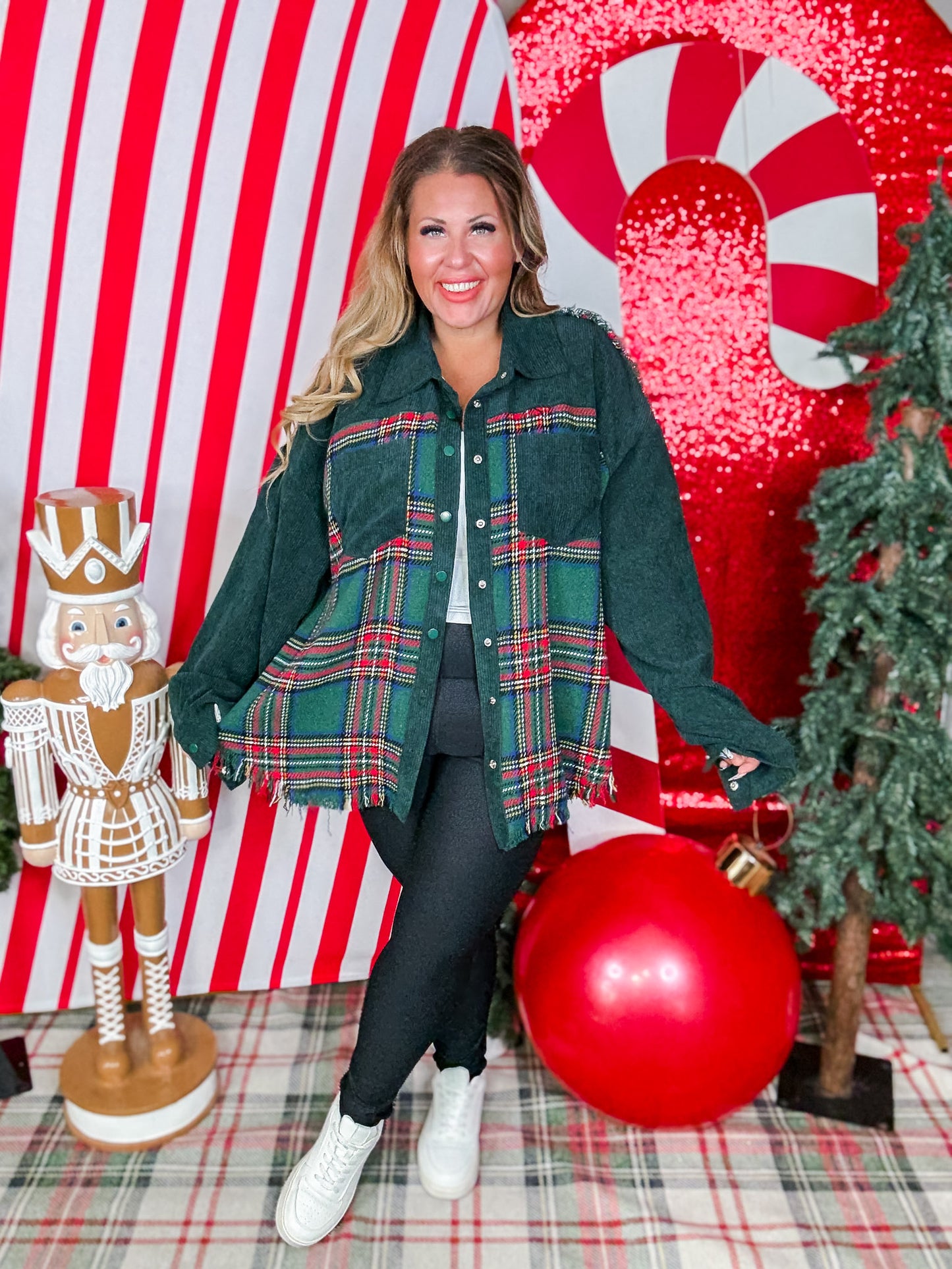 Mixed Plaid And Corduroy Shacket With Frayed Hems