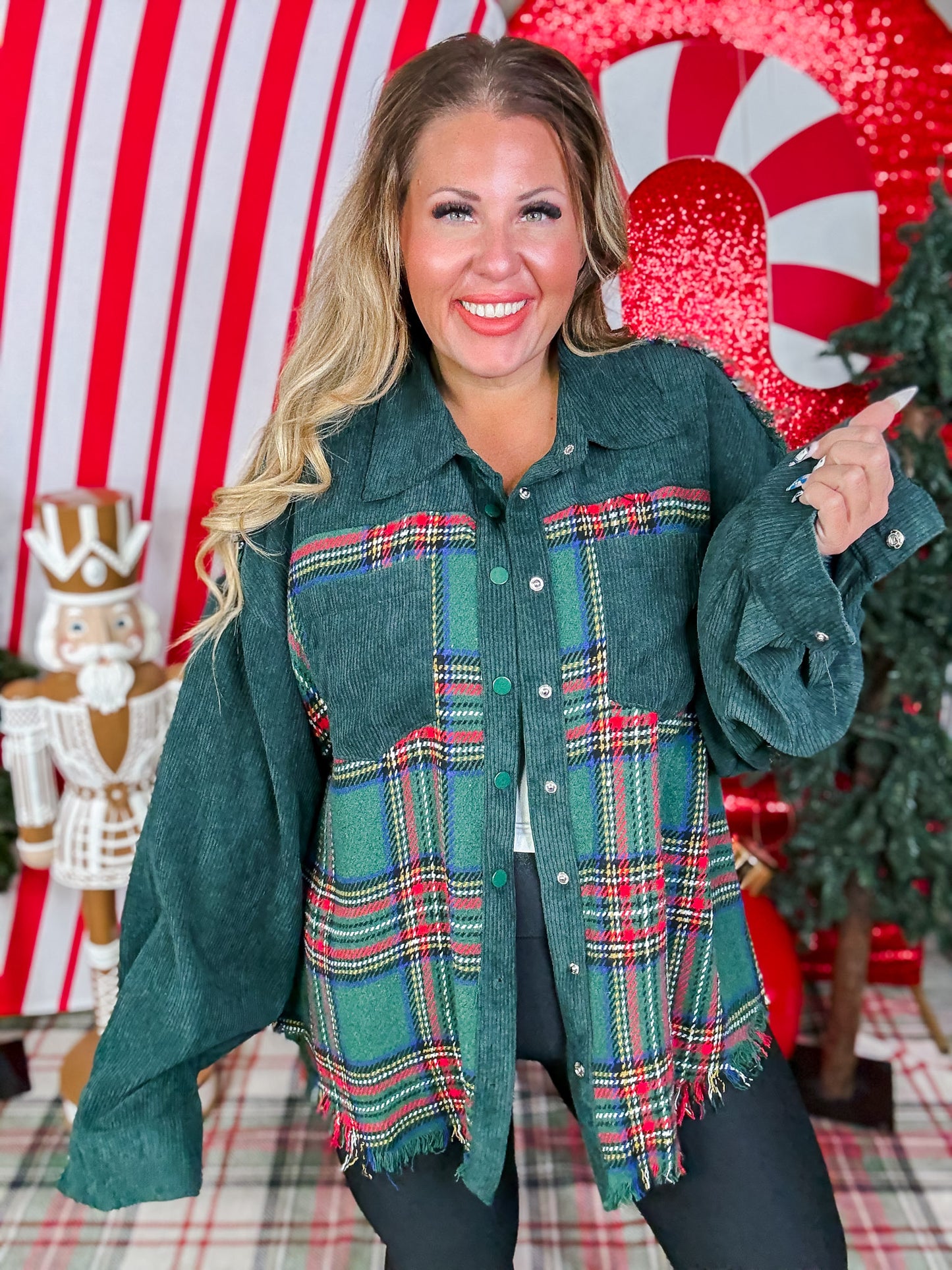 Mixed Plaid And Corduroy Shacket With Frayed Hems