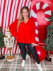 Balloon Sleeve Red V-Neck Top