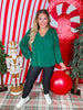 Balloon Sleeve Green V-Neck Top