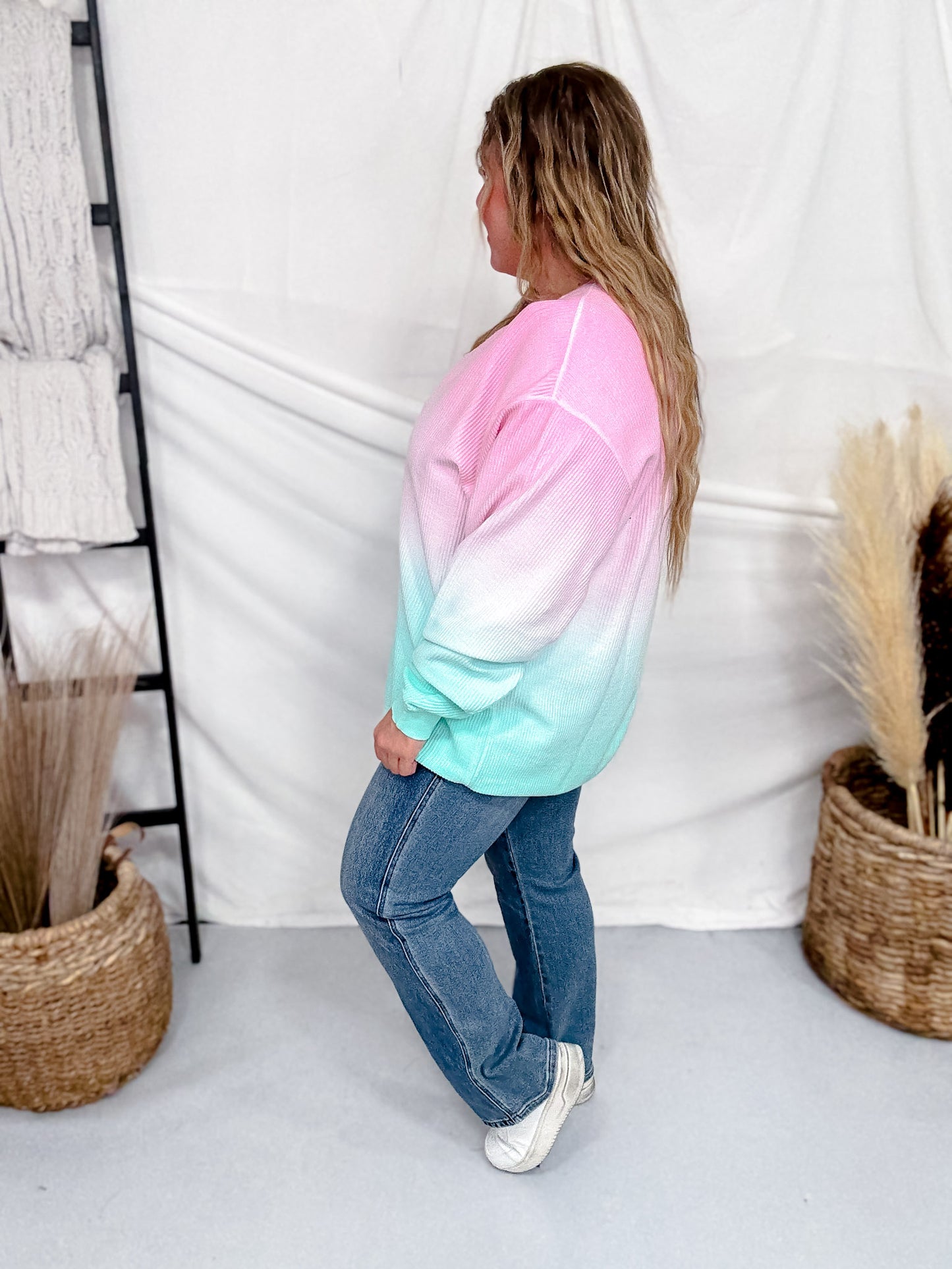 Pink And Mint Ombre Corded Crew Neck Sweatshirt