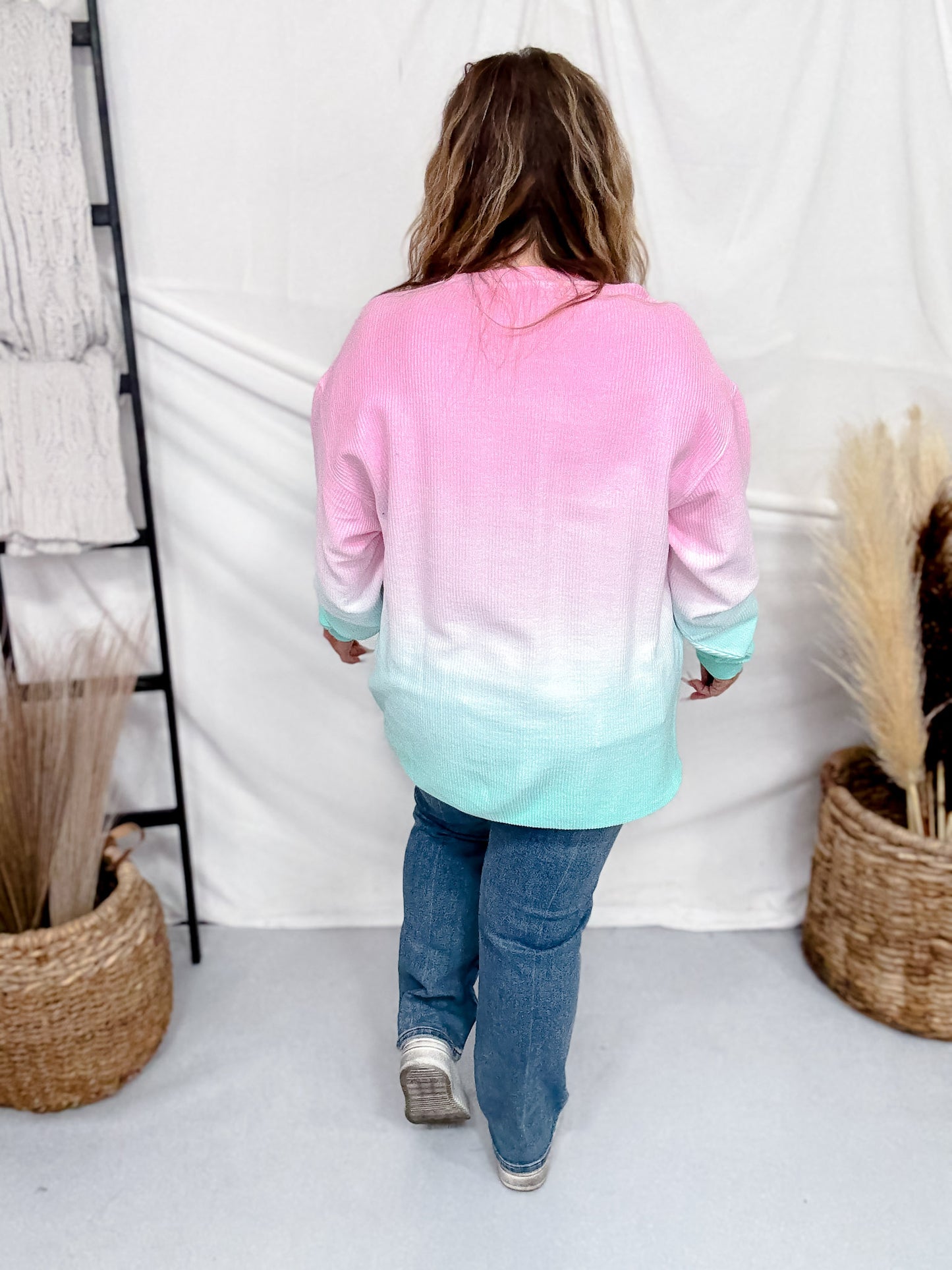 Pink And Mint Ombre Corded Crew Neck Sweatshirt