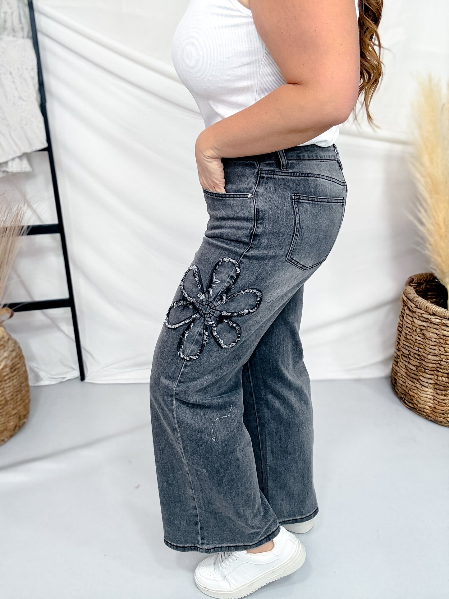 Flower Patch Black Washed Denim Wide Leg Pants