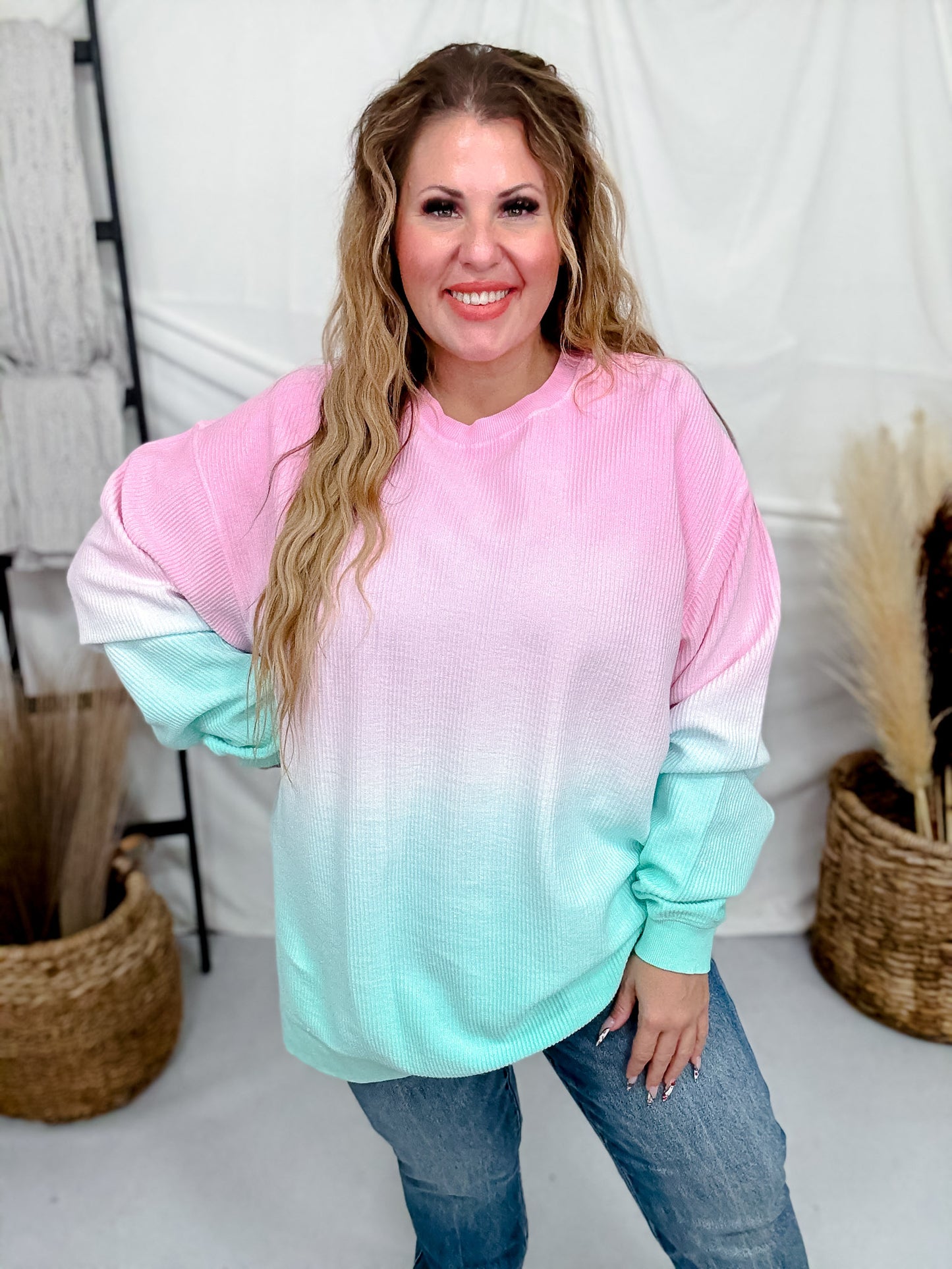 Pink And Mint Ombre Corded Crew Neck Sweatshirt