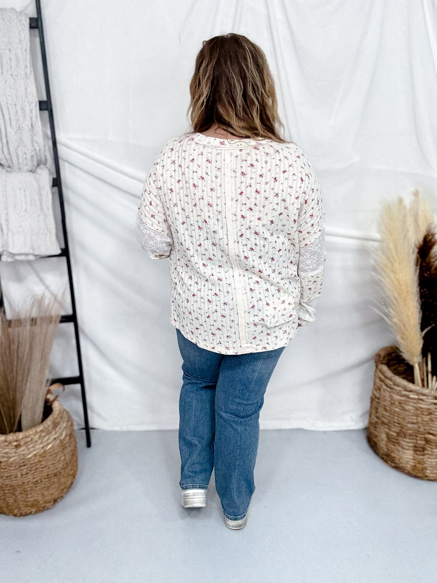 Mixed Fabric Floral Long Sleeve V-Neck Top