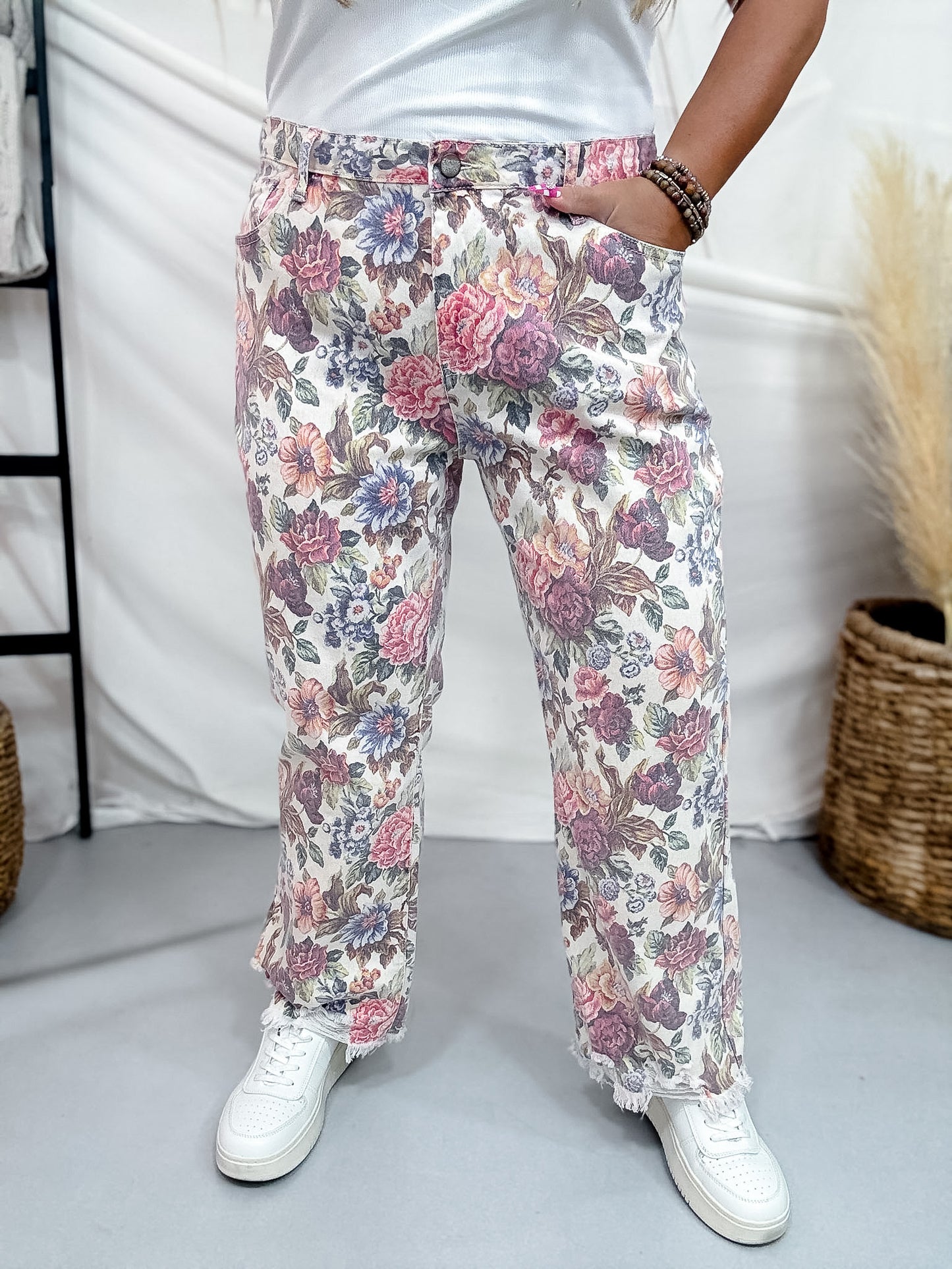 Vintage Floral Mid Rise Cropped Jeans