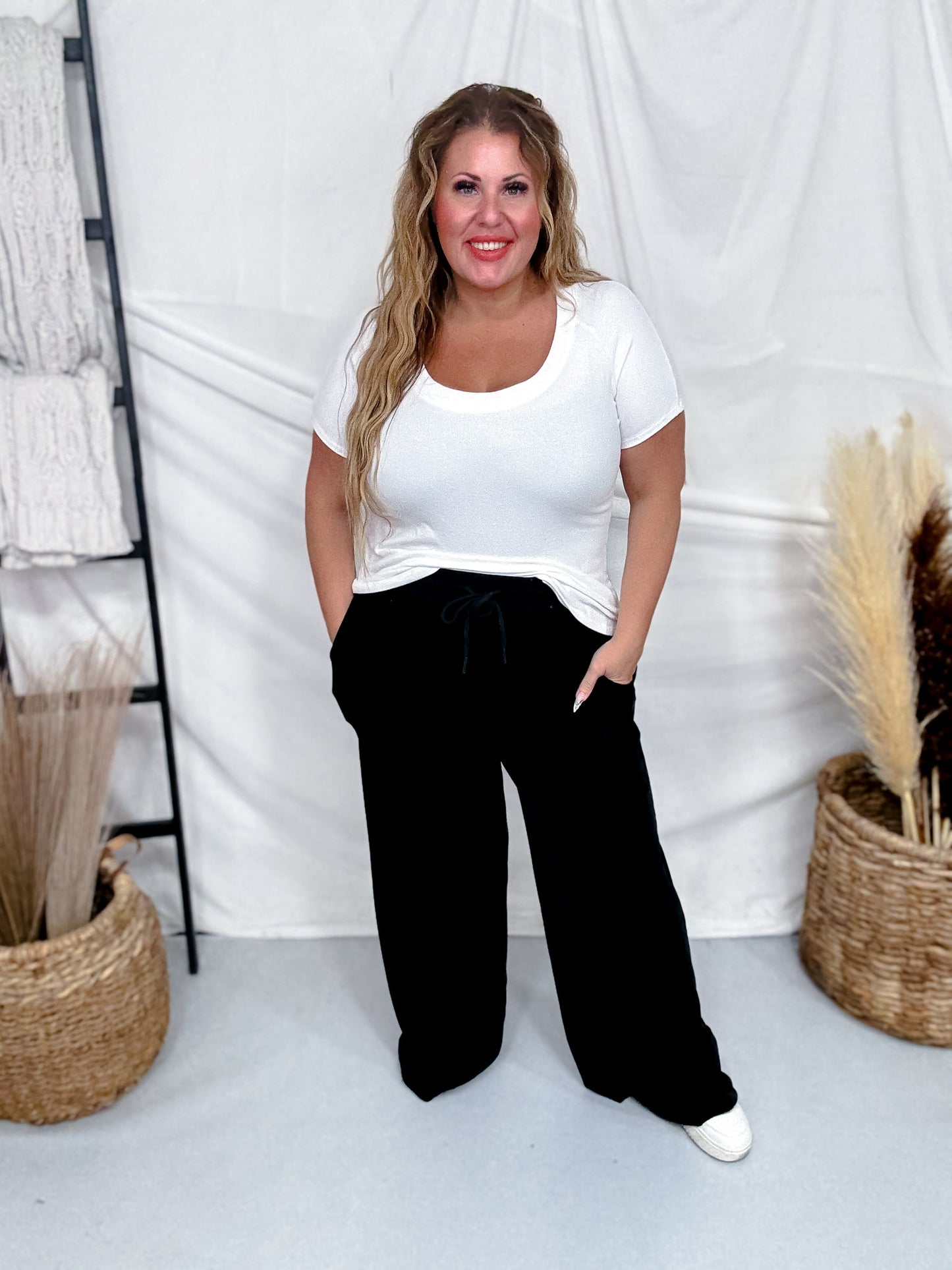 Soft Ribbed Thermal Wide Leg Black Pants