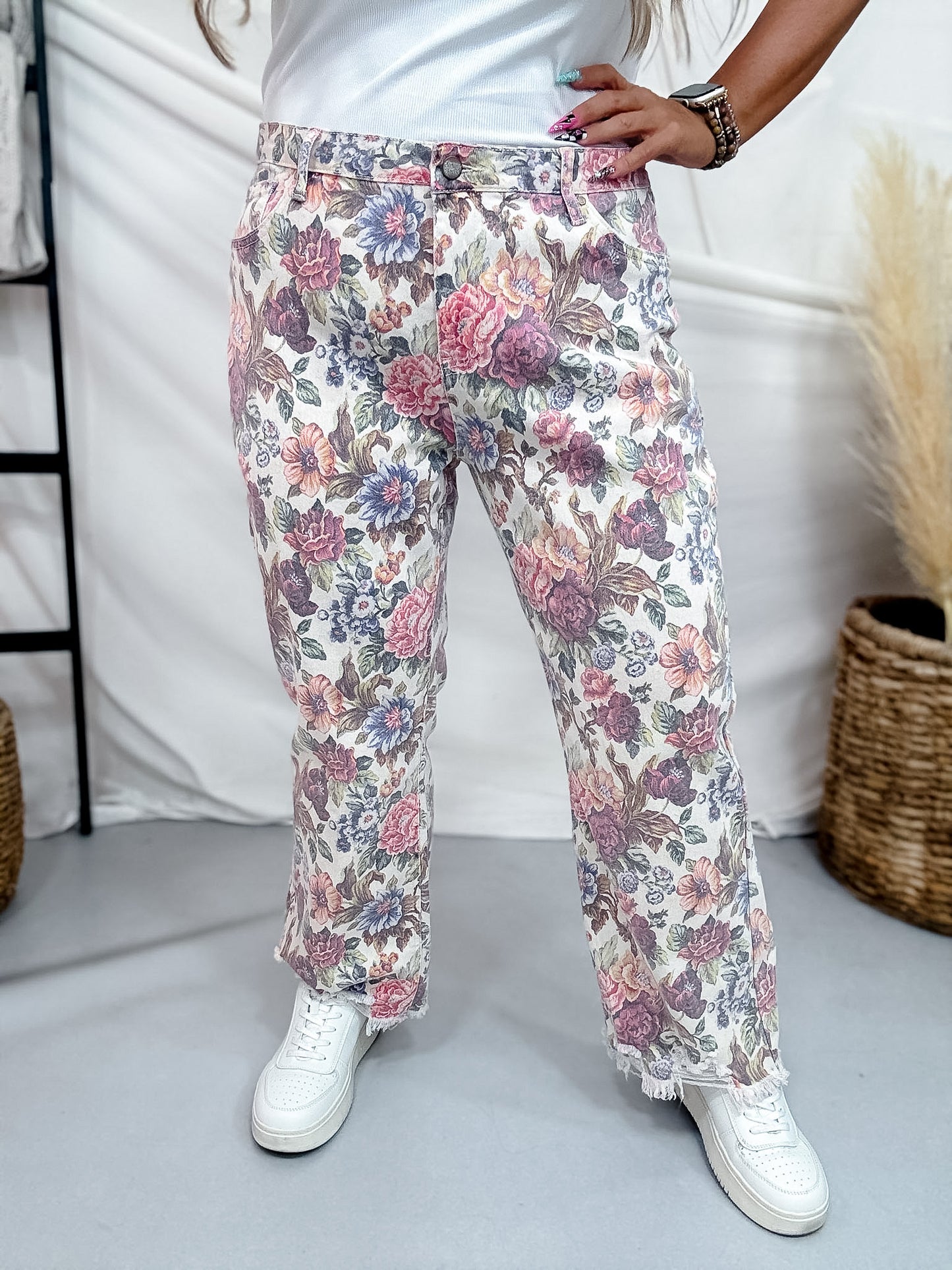 Vintage Floral Mid Rise Cropped Jeans