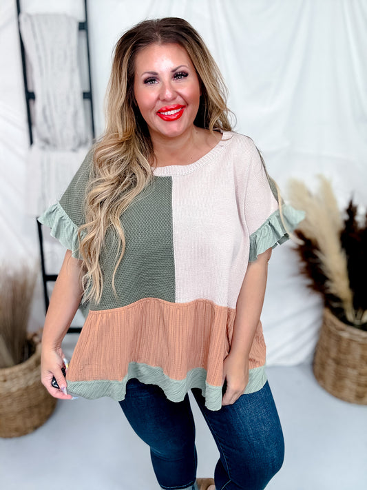 Short Sleeve Patchwork Sweater with Ruffle Detailing