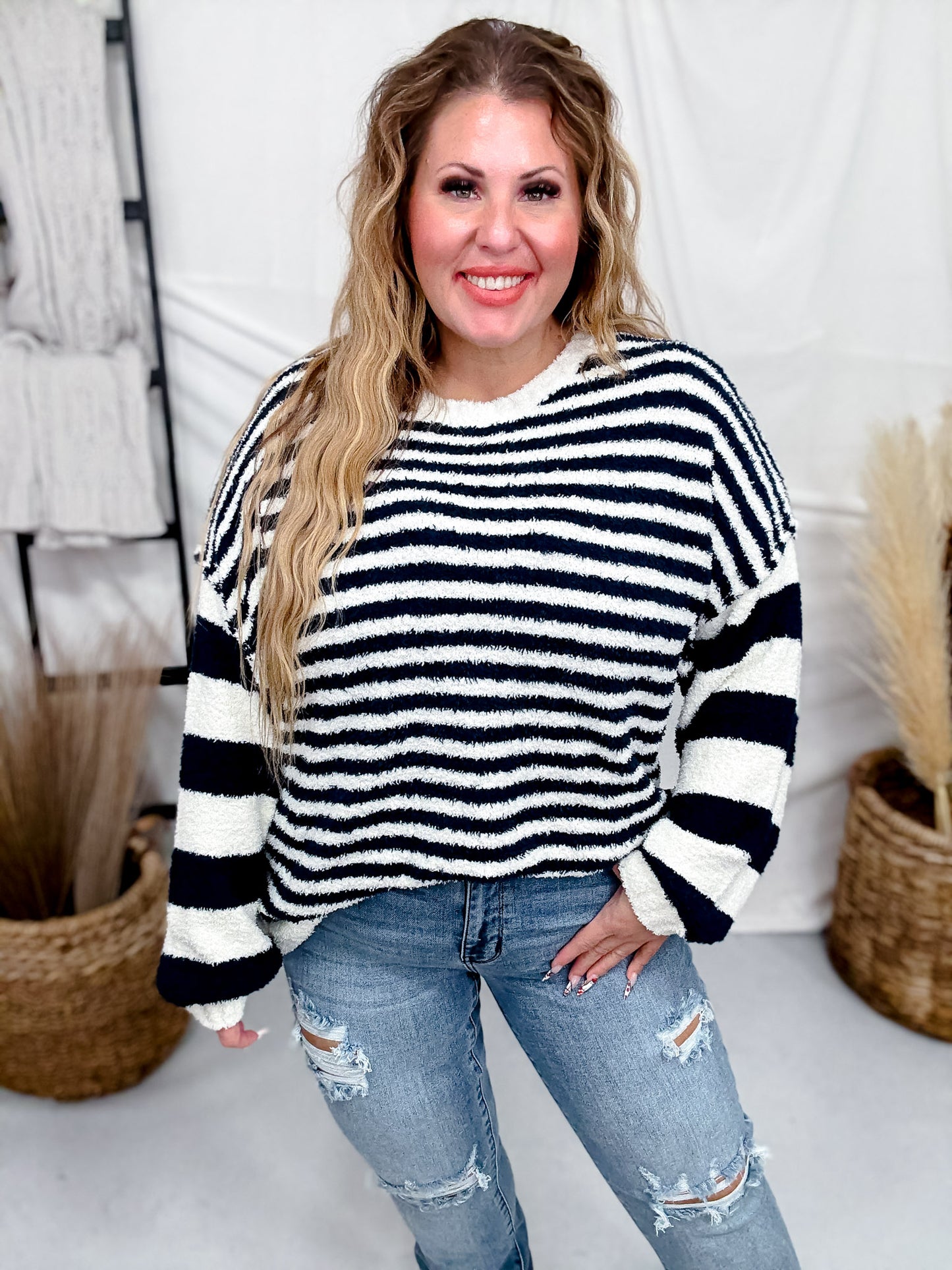 Navy And White Striped Pullover Sweater