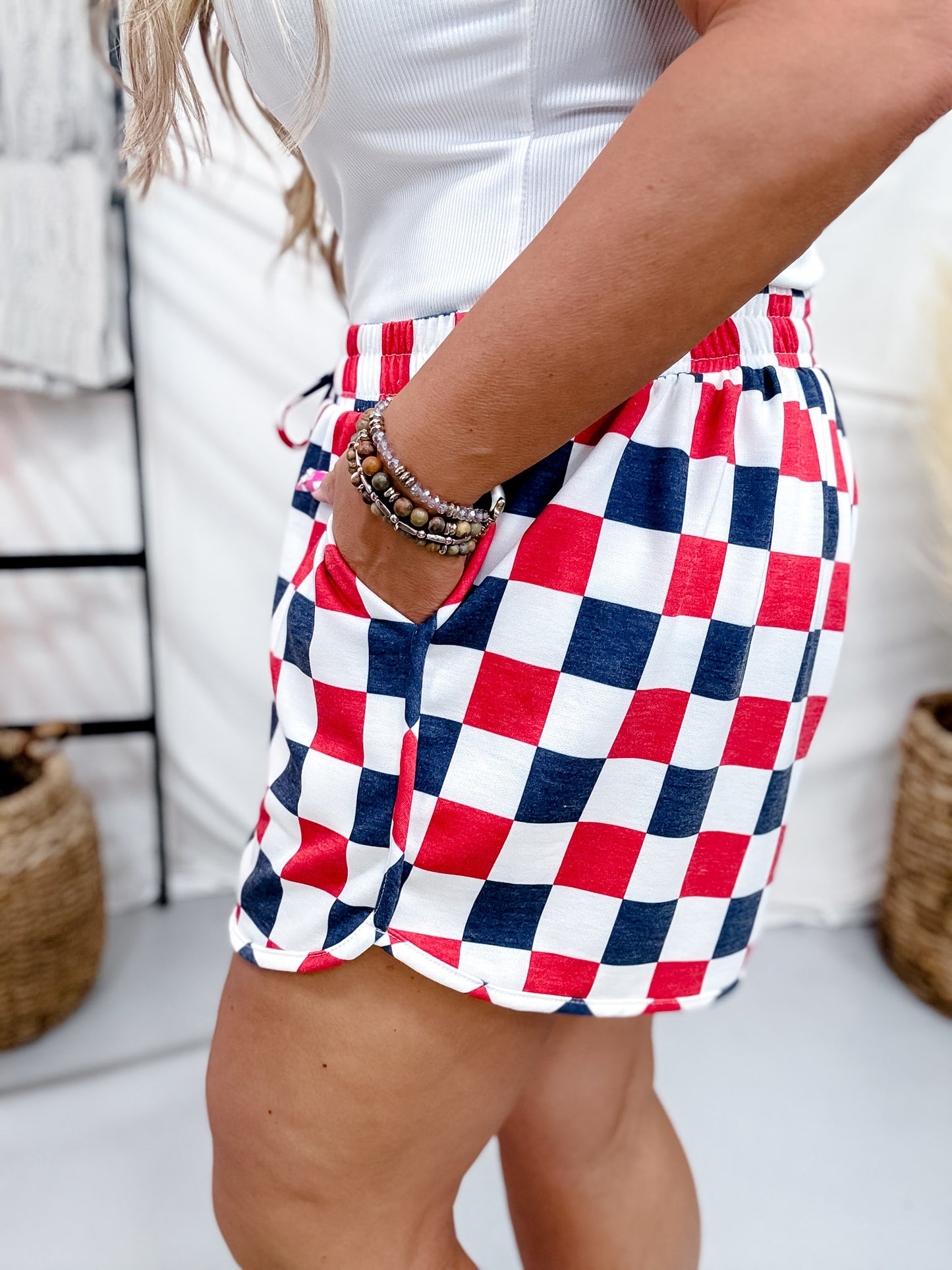 Navy & Red Drawstring Checkered Shorts