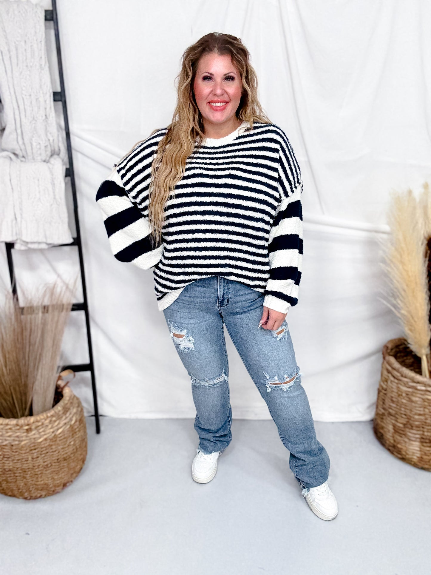 Navy And White Striped Pullover Sweater