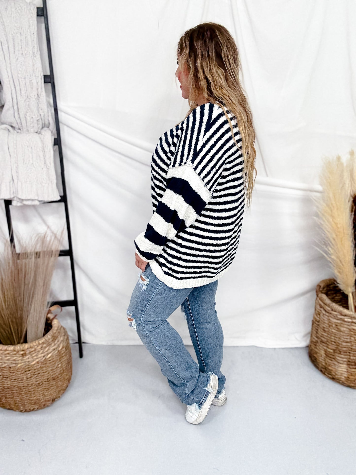 Navy And White Striped Pullover Sweater