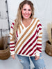 Red and Tan Diagonal Striped V-Neck Sweater