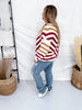 Red and Tan Diagonal Striped V-Neck Sweater