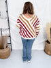 Red and Tan Diagonal Striped V-Neck Sweater