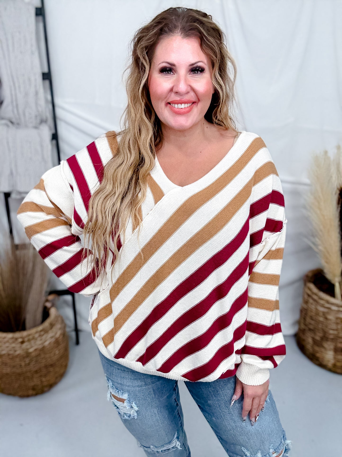 Red and Tan Diagonal Striped V-Neck Sweater