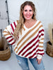 Red and Tan Diagonal Striped V-Neck Sweater