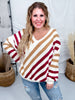 Red and Tan Diagonal Striped V-Neck Sweater