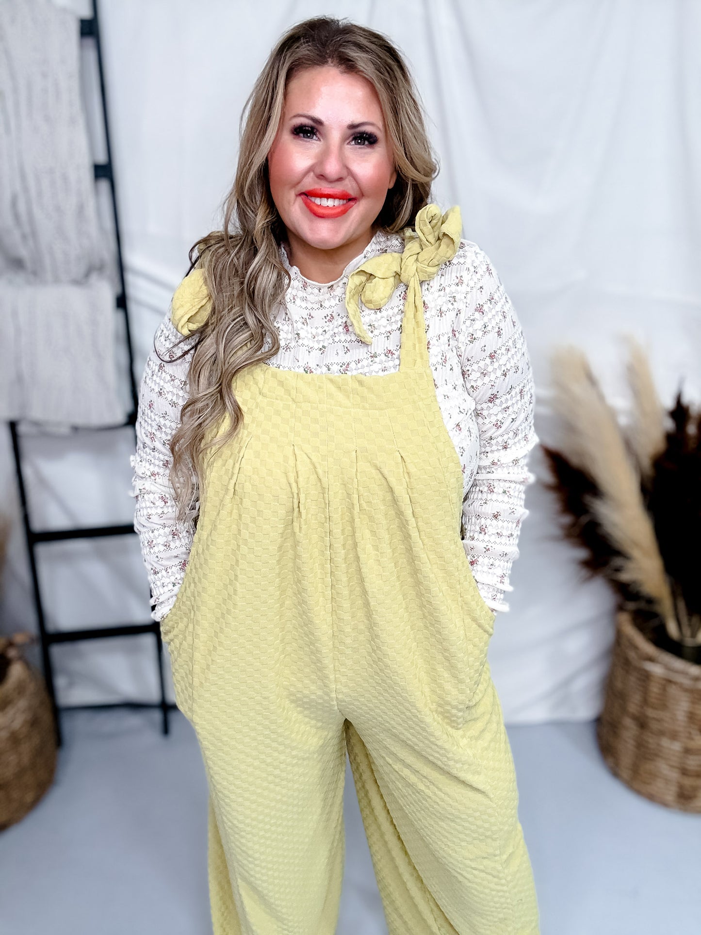Checkered Yellow Jaquard Jumpsuit with Bow Sleeves