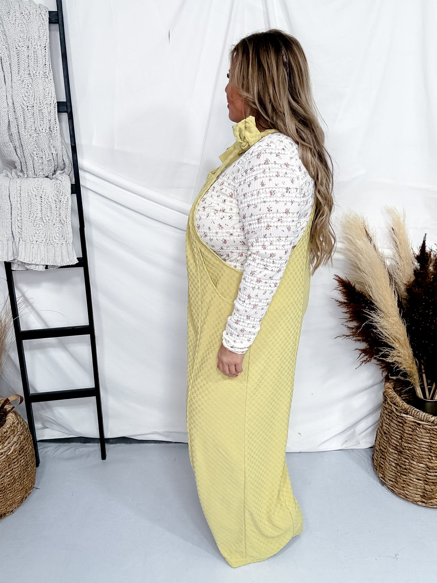 Checkered Yellow Jaquard Jumpsuit with Bow Sleeves