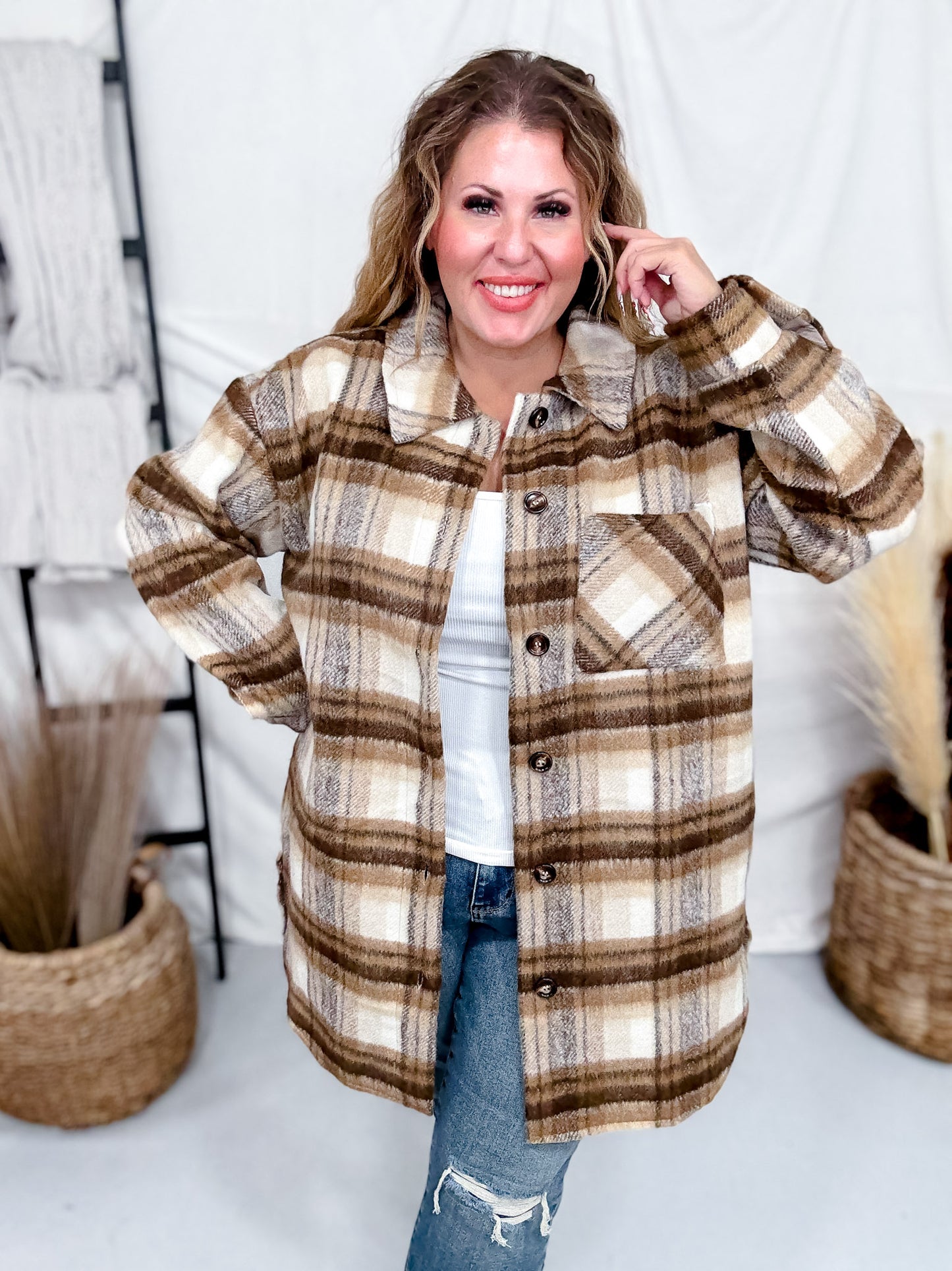 Long Sleeve Button Down Checkered Shacket