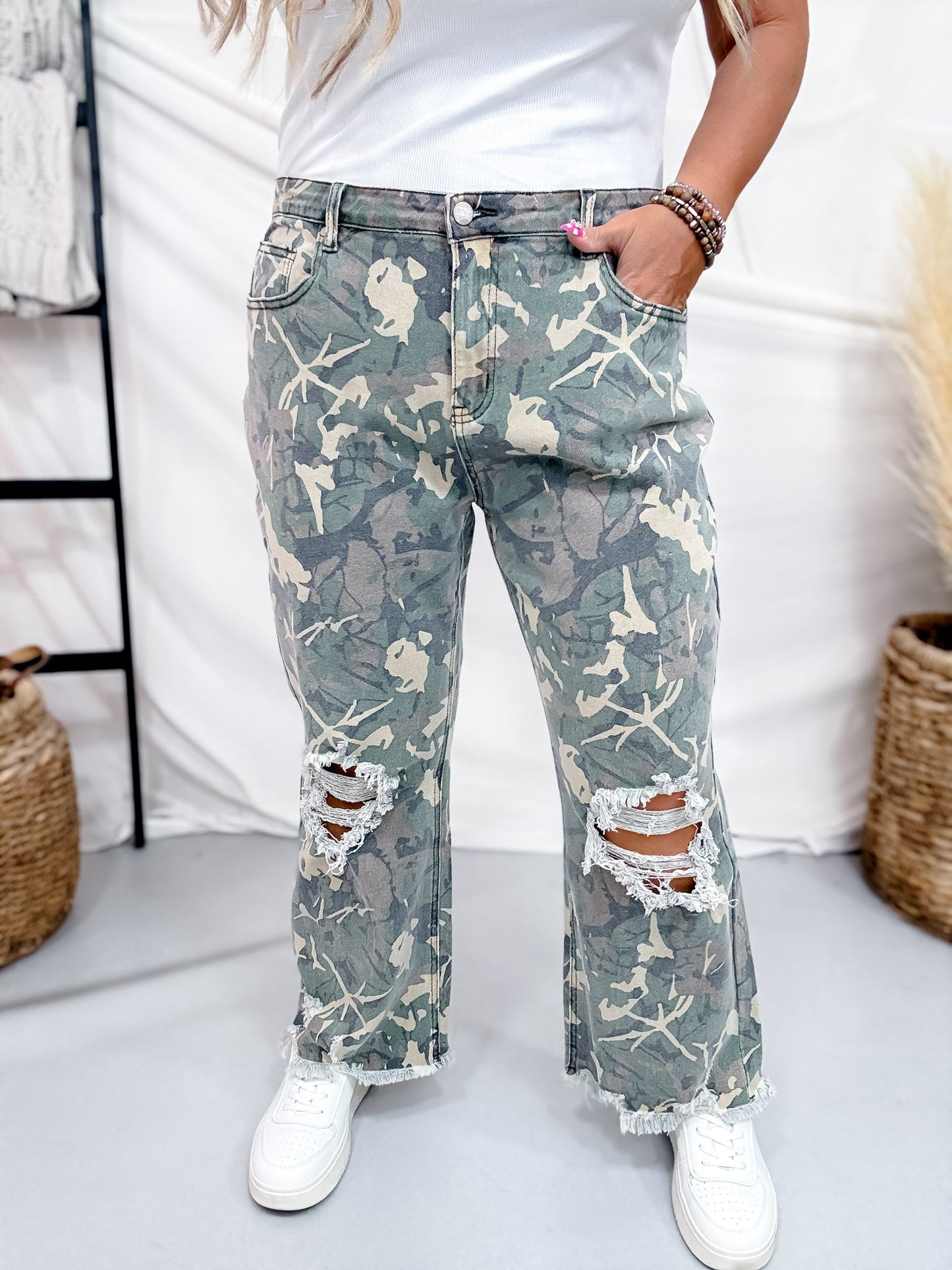 Cropped High Rise Distressed Camo Kreek Jeans