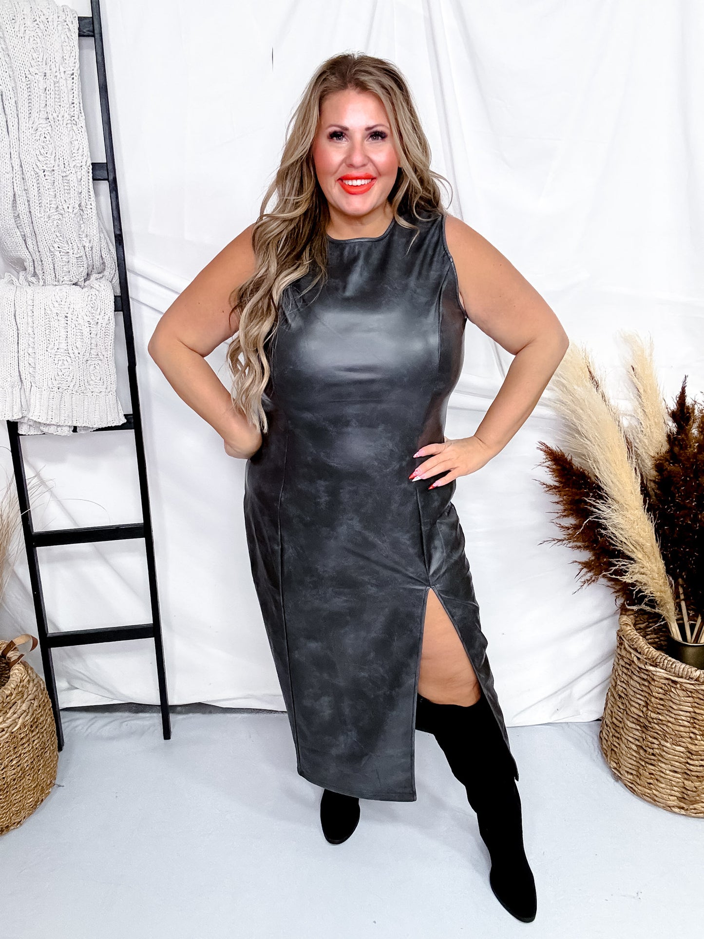 That Gurl Black Faux Leather Dress with Thigh Slit