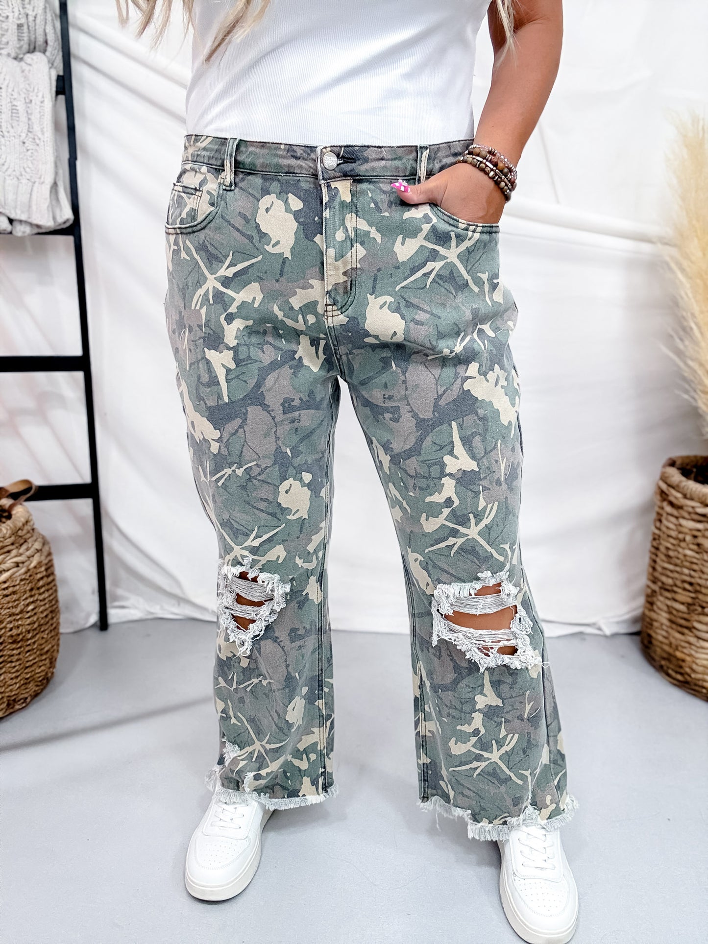 Cropped High Rise Distressed Camo Kreek Jeans