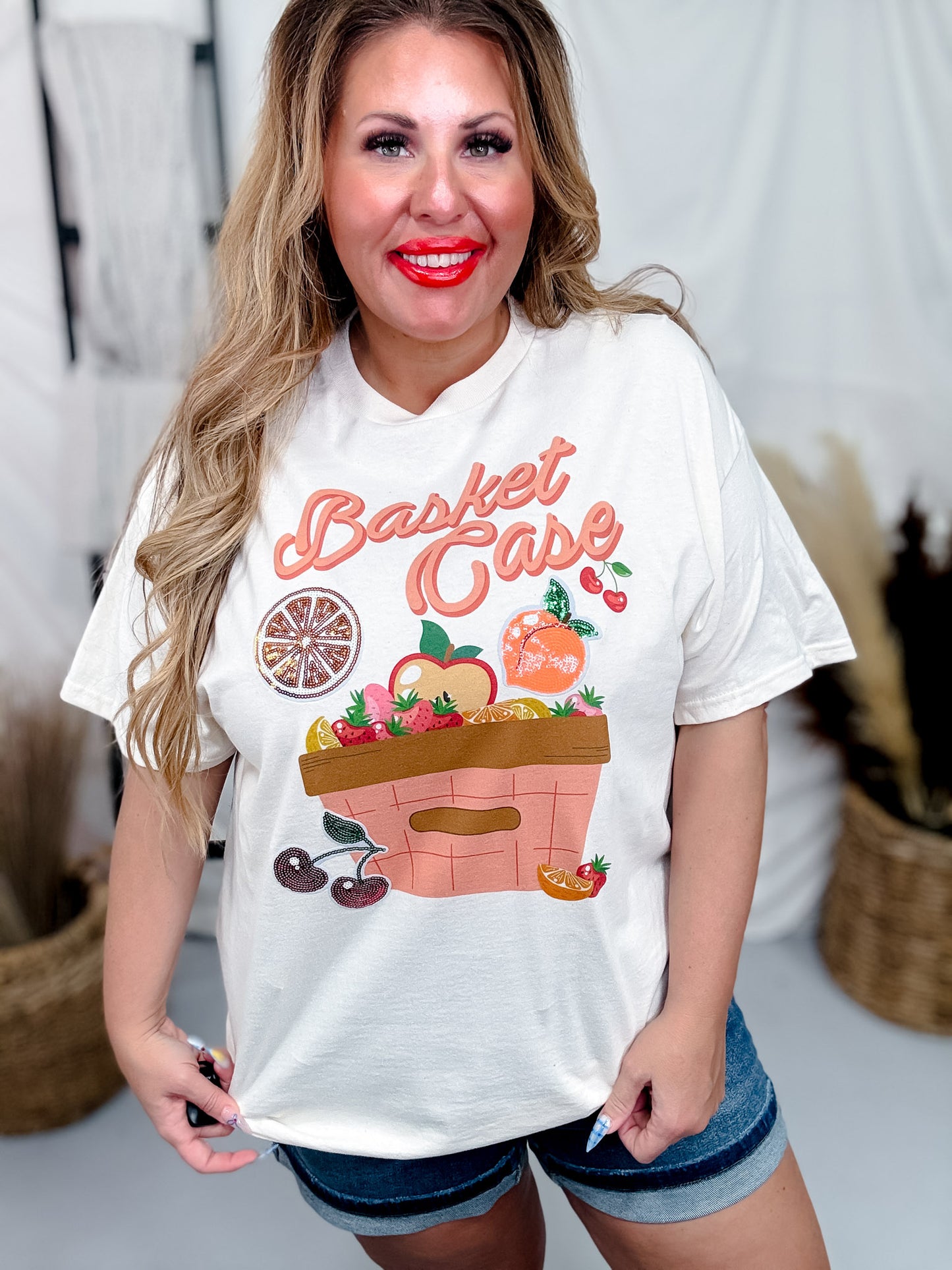 Basket Case Fruity Sequin Graphic T-Shirt