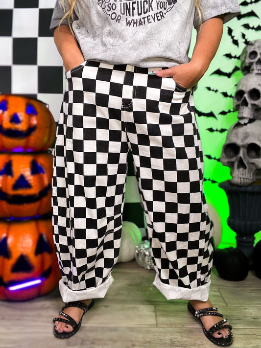 Black & White Checkered Barrel Leg Pants