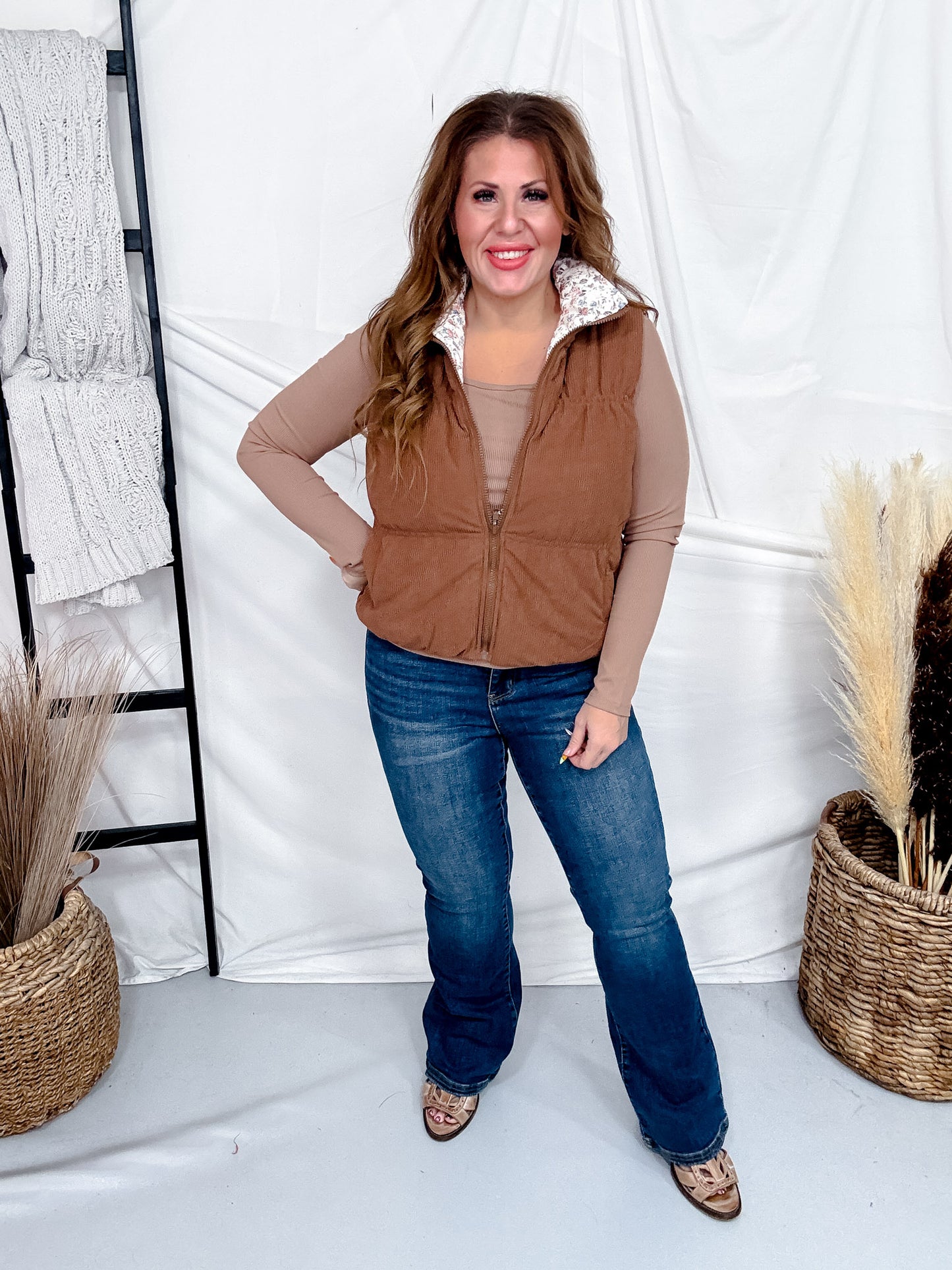 Reversible Brown & Floral Puffer Vest