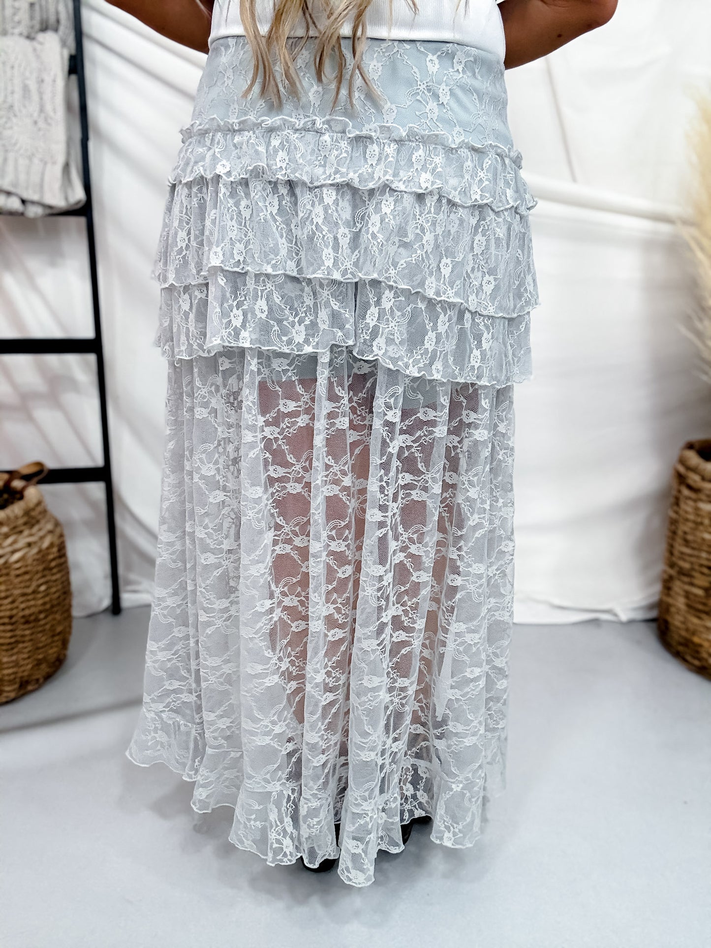 Light Blue Lace Tiered Maxi Skirt