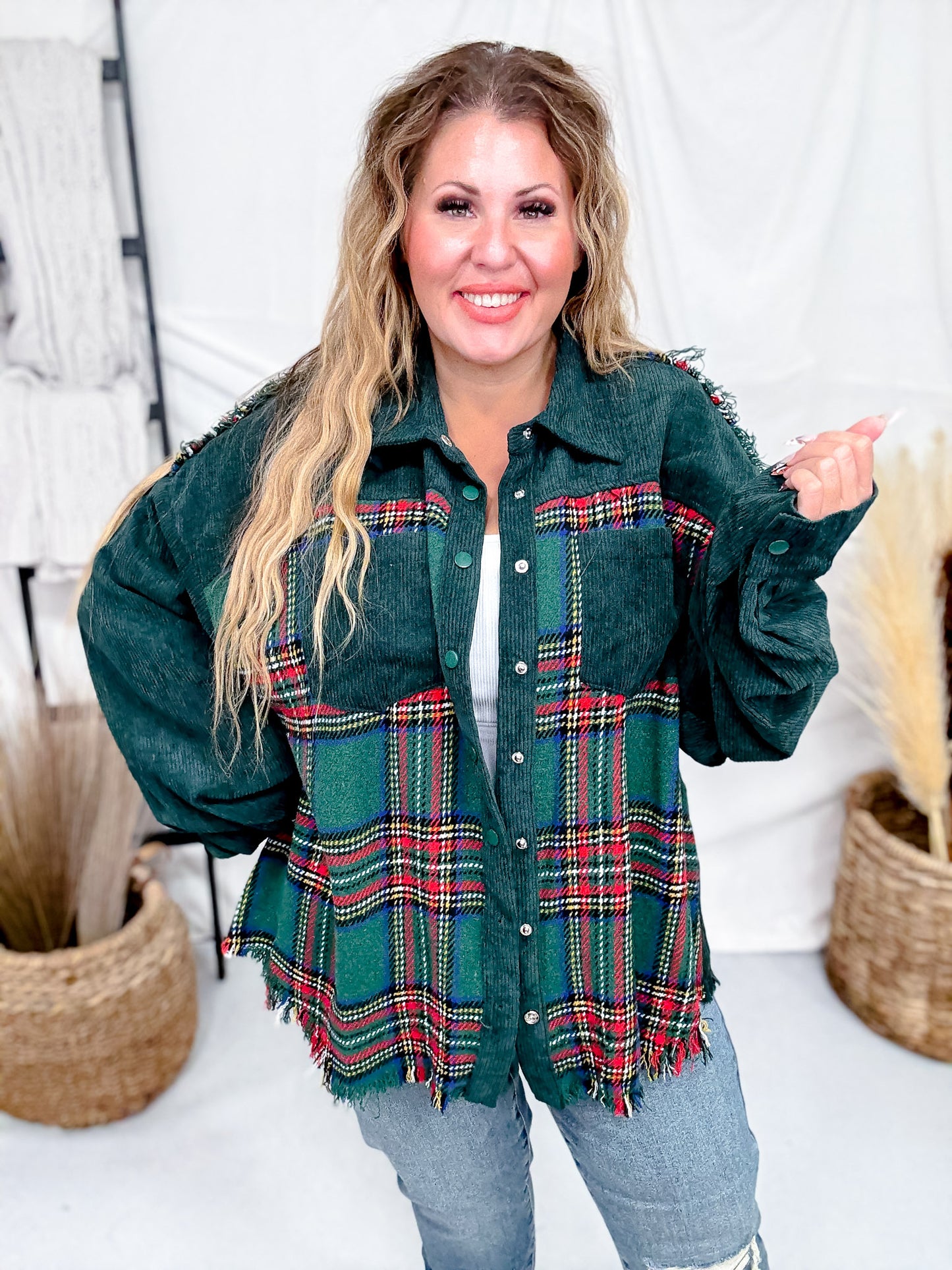 Mixed Plaid And Corduroy Shacket With Frayed Hems