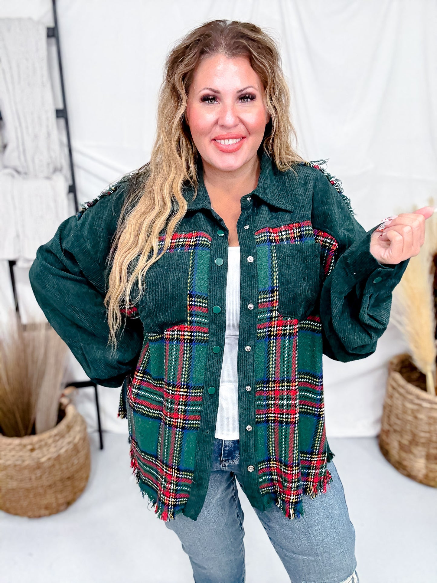 Mixed Plaid And Corduroy Shacket With Frayed Hems