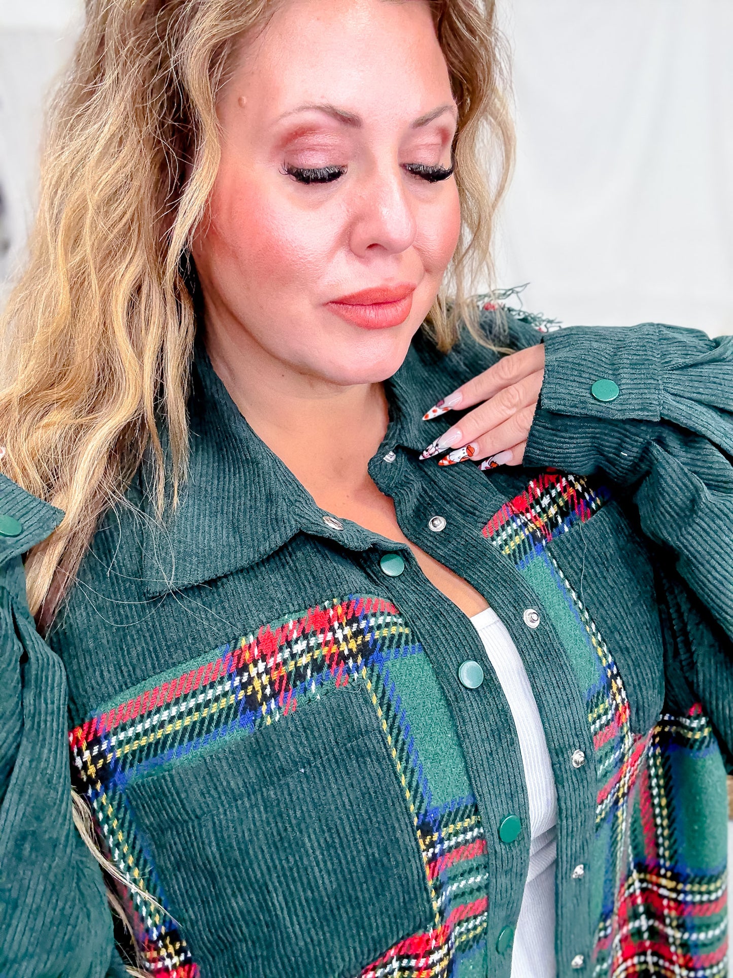 Mixed Plaid And Corduroy Shacket With Frayed Hems