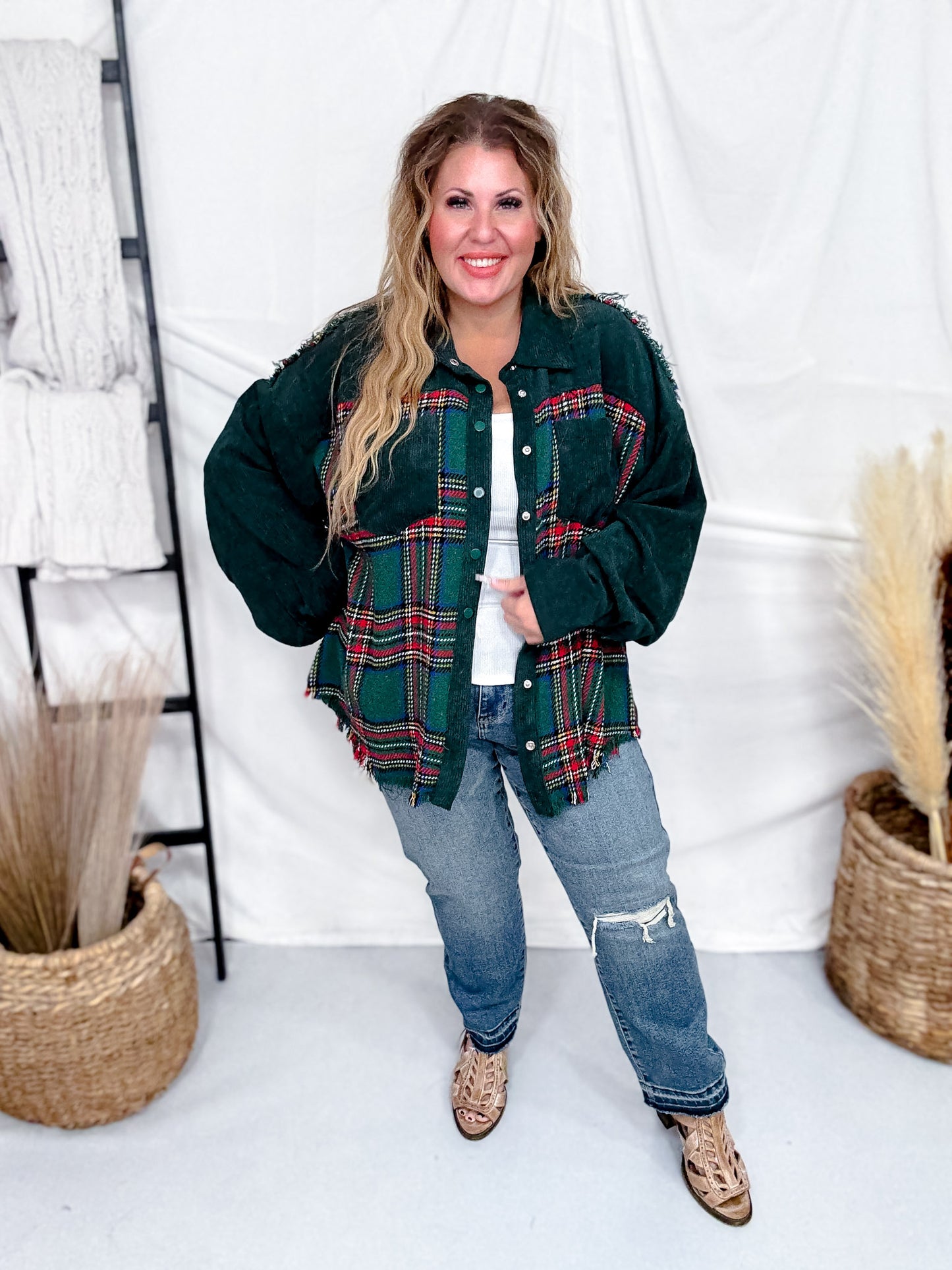 Mixed Plaid And Corduroy Shacket With Frayed Hems