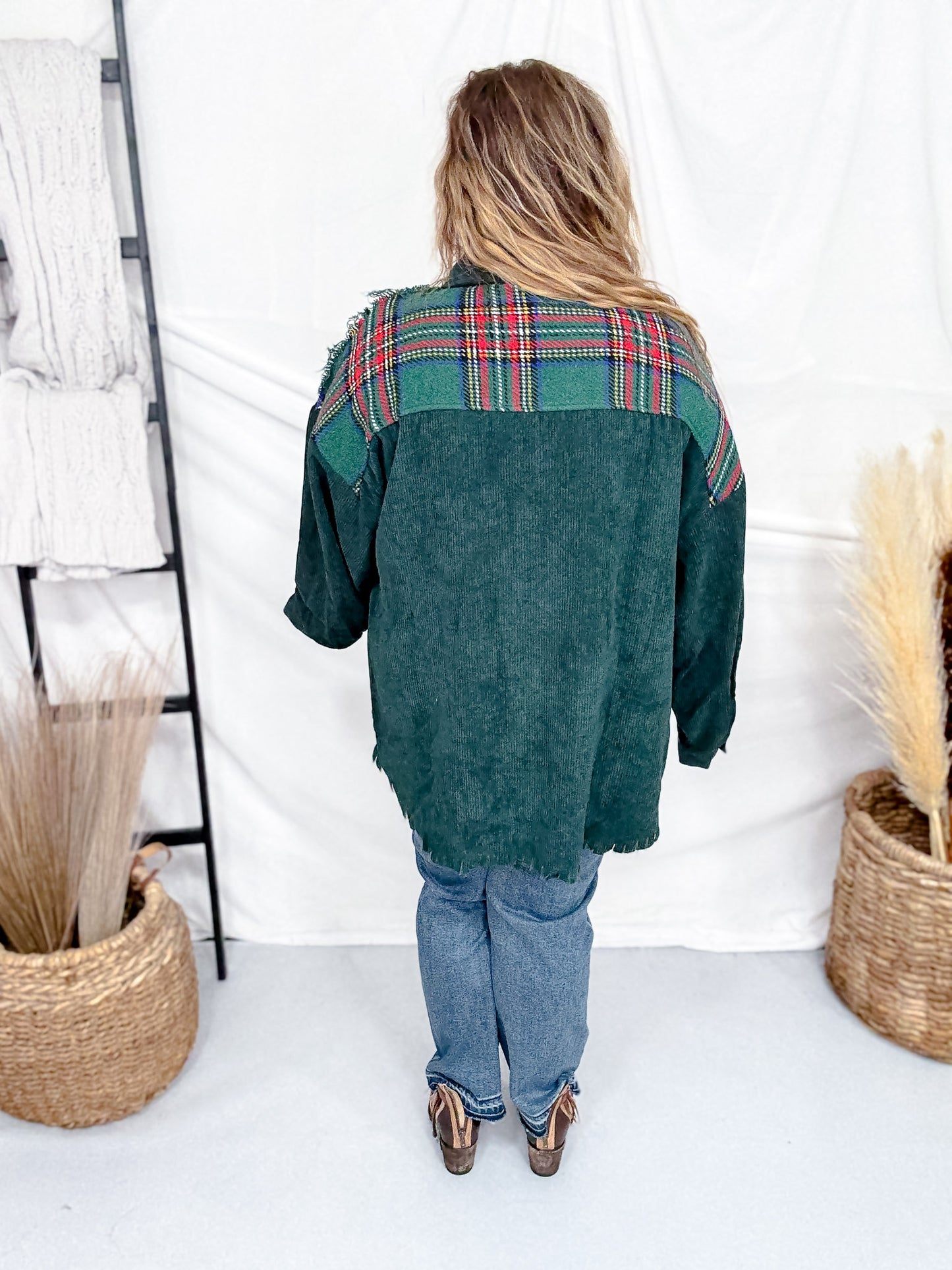 Mixed Plaid And Corduroy Shacket With Frayed Hems